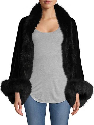 Shop Adrienne Landau Fox Fur-trim Long-sleeve Velvet Shrug In Black