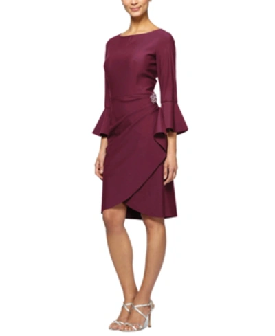 Shop Alex Evenings Bell-sleeve Draped Compression Sheath Dress In Wine