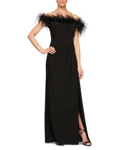 Shop Alex Evenings Petite Off-the-shoulder Faux-feather Gown In Black