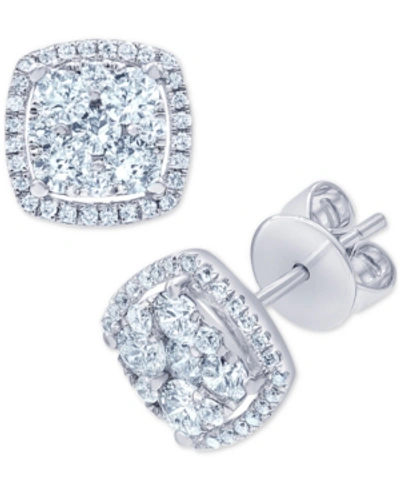 Shop Macy's Diamond Halo Cluster Stud Earrings (1 Ct. T.w.) In 14k White Gold
