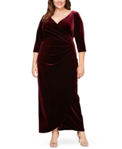 Shop Alex Evenings Plus Size Velvet Surplice Dress With Tulip Overlay In Wine