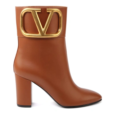 Shop Valentino Vlogo Leather Ankle Boot In Camel