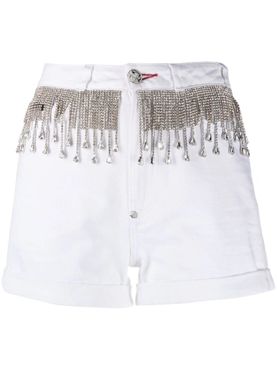 Shop Philipp Plein Crystal-embellished Denim Shorts In White
