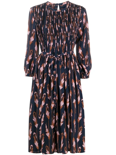 Shop An An Londree Feather-print Stitch Pleat Dress In Blue