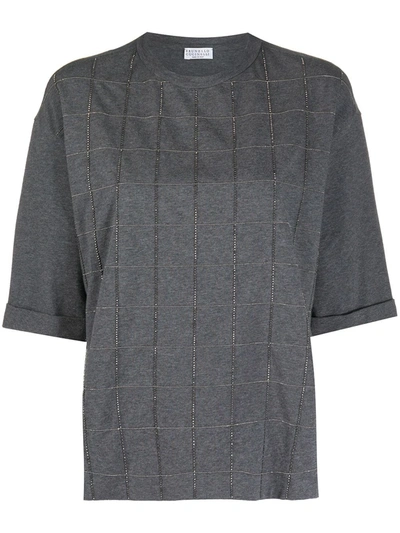 Shop Brunello Cucinelli Rhinestone-embellished Check T-shirt In Grey