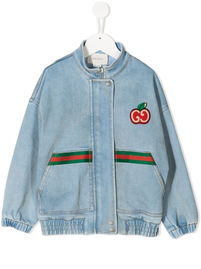 Shop Gucci Cherry Logo Denim Jacket In Blue