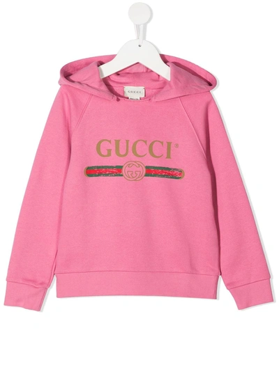 Shop Gucci Logo Print Hoodie In Pink
