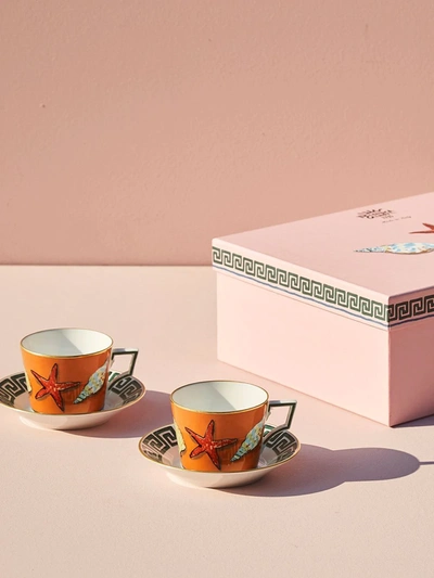 Richard Ginori Viaggio Di Nettuno Teacups And Saucers (set Of 2) In Orange