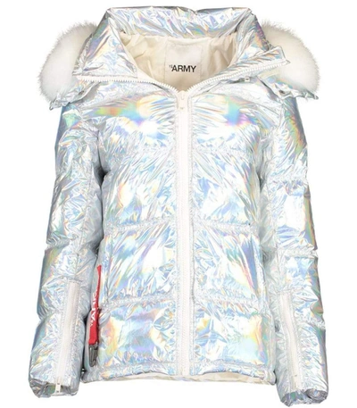 Shop Yves Salomon Fur Trim Holographic Jacket In Limestne