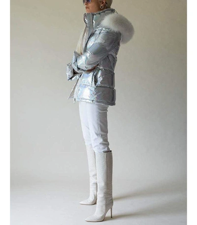 Shop Yves Salomon Fur Trim Holographic Jacket In Limestne