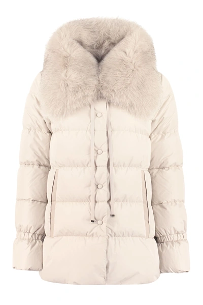 Shop Add Fur Collar Down Jacket In Beige