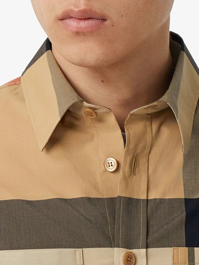 Shop Burberry Logo Print Patchwork Check Shirt In Neutrals
