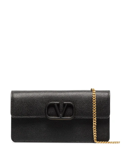 Shop Valentino Vlogo Signature Leather Wallet-on-chain In Black