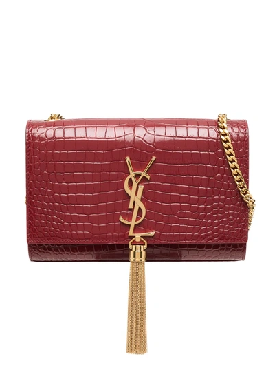 Shop Saint Laurent Small Kate Croc-effect Crossbody Bag In Red