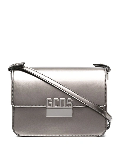 Shop Gcds Faux Leather Logo Shoulder Bag In Silver