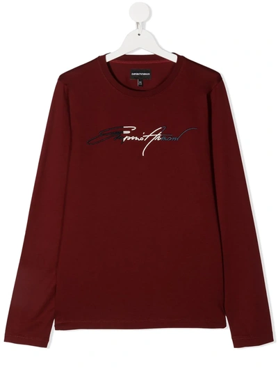 Shop Emporio Armani Teen Long-sleeved Embroidered Jumper In Red