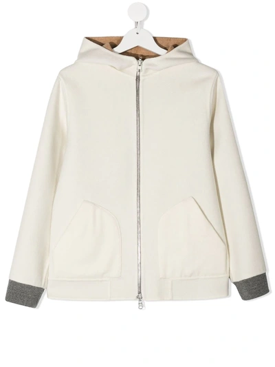 Shop Brunello Cucinelli Teen Reversible Cashmere Hoodie In C135 Panama Cammello