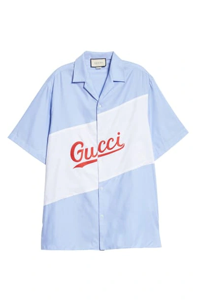 Shop Gucci Logo Embroidered Short Sleeve Button-up Bowling Shirt In Sky Blue