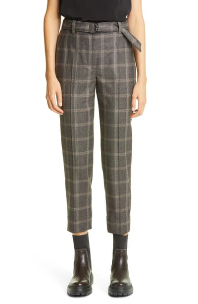 Shop Brunello Cucinelli Belted Windowpane Check High Waist Wool Trousers In Medium Grey