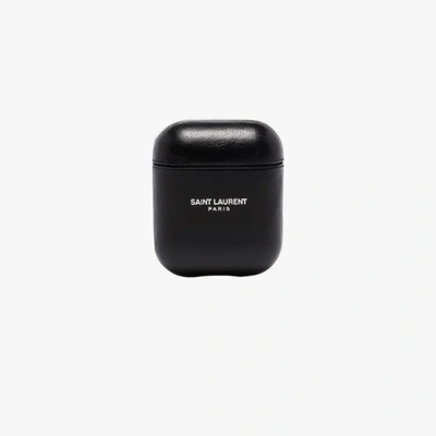 Shop Saint Laurent Black Logo Leather Airpods Case In 1080 -nero/black Matt