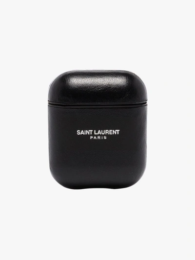 Shop Saint Laurent Black Logo Leather Airpods Case In 1080 -nero/black Matt