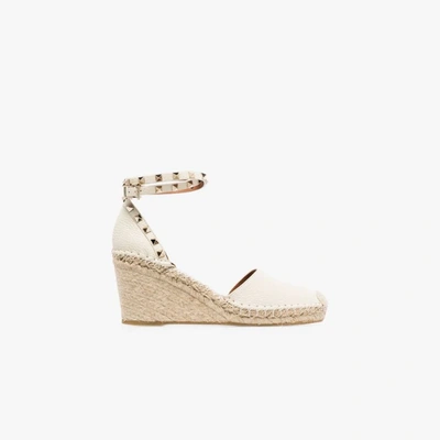 Shop Valentino Neutral 85 Rockstud Wedge Espadrilles In Neutrals