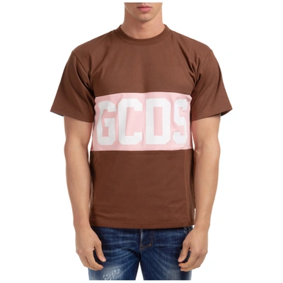 Shop Gcds Men's Short Sleeve T-shirt Crew Neckline Jumper Band Logo In Brown