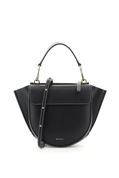Shop Wandler Hortensia Mini Leather Bag In Black White Stitch (black)