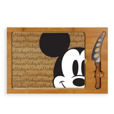 Picnic Time 's Mickey Icon Glass Top Serving Tray And Knife Set In Brown
