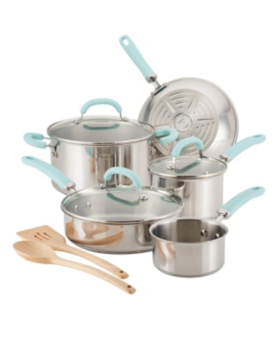 Shop Rachael Ray Create Delicious Stainless Steel 10-pc. Cookware Set In Stainless Steel With Light Blue Handles