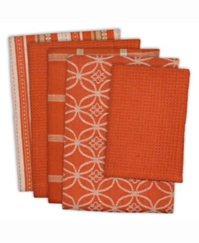Design Imports Assorted Dishtowel And Dishcloth, Set Of 5 In Bright Ora