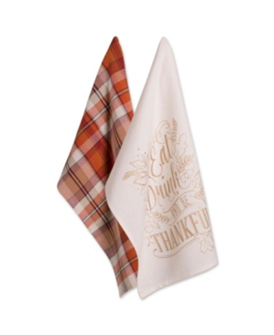Design Imports Assorted Check Fall Be Thankful Printed Dishtowel Set In Orange