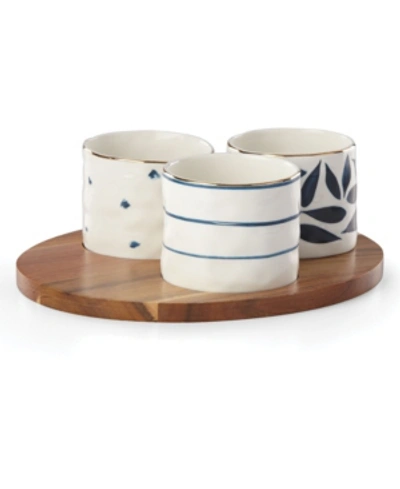 Lenox Blue Bay Set/3 Round Snack Bowls With Wood Tray In White And Blue