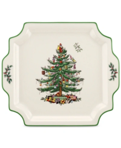 Spode Christmas Tree Square Handled Platter In Green