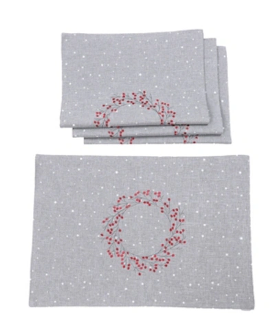 Shop Manor Luxe Holly Berry Wreath Embroidered Christmas Placemats, Set Of 4 In Gray