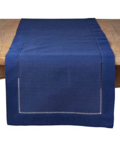 Shop Saro Lifestyle Classic Hemstitch Border Table Runner, 16" X 90" In Navy Blue