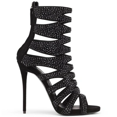 Shop Giuseppe Zanotti - Black Suede Sandal With Crystals Muse