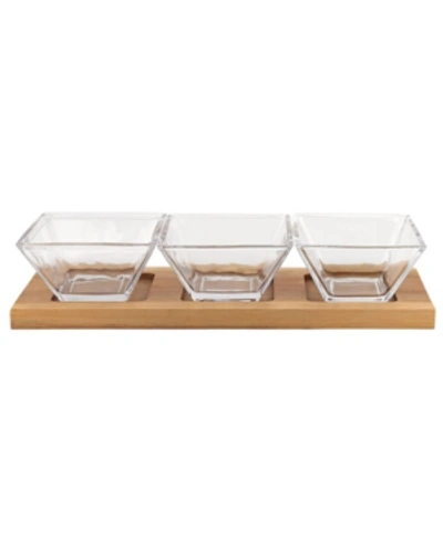 Badash Crystal Hostess Set 4 Piece With 3 Glass Condiment Or Dip Bowls On A Wood Tray In Clear