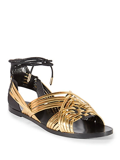 Balmain Woman Matti Woven Leather And Suede Sandals Gold