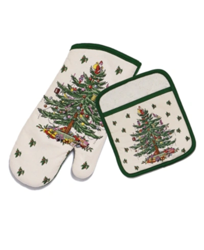 Spode Christams Tree Ivory/green Pot Holder Ovenmit Set In Ivory