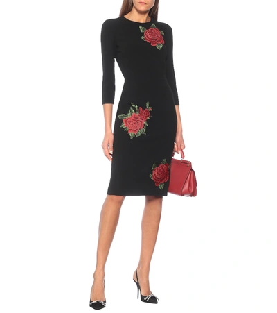 Shop Dolce & Gabbana Embroidered Crêpe Sheath Dress In Black