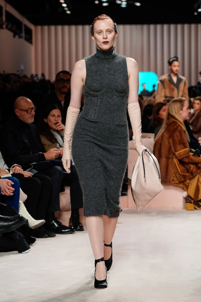 Shop Fendi Turtleneck Cashmere-blend Midi Dress In Grey