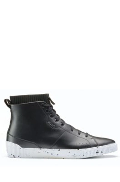 Shop Hugo Boss - High Top Sock Trainers In Leather With Speckled Sole - Black
