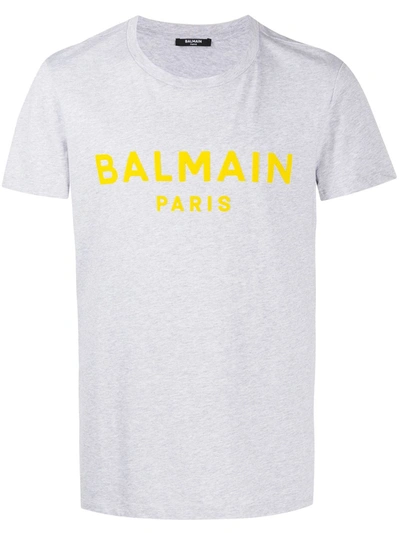 Shop Balmain Flocked Logo T-shirt In Grey