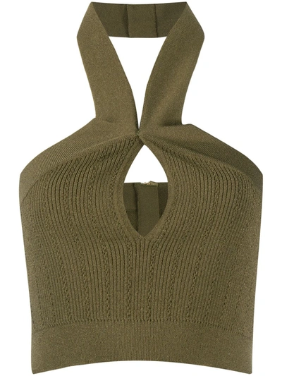 Shop Balmain Halterneck Knitted Crop Top In Green