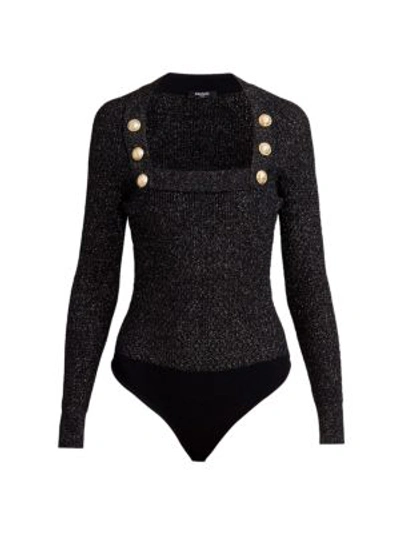 Shop Balmain Lurex Button Knit Bodysuit In Noir