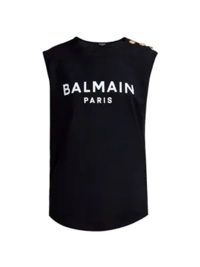 Shop Balmain Women's Shoulder Button Flocked Logo Tank Top In Black White