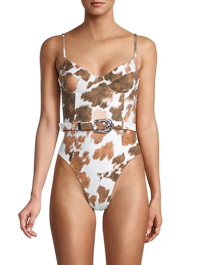 Shop Weworewhat Danielle Belted Cow-print One-piece Swimsuit In Multi