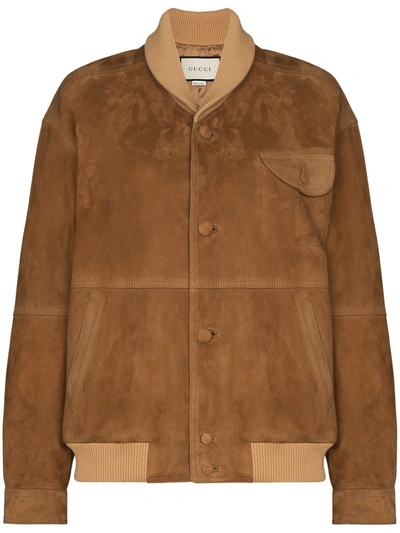 Shop Gucci Suede-effect Button-up Bomber Jacket In Brown