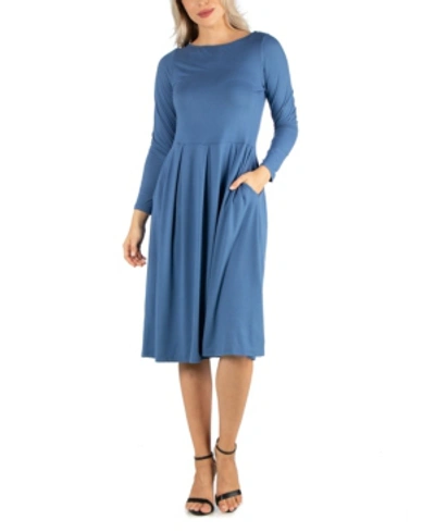Shop 24seven Comfort Apparel Women's Midi Length Fit And Flare Pocket Dress In Indigo